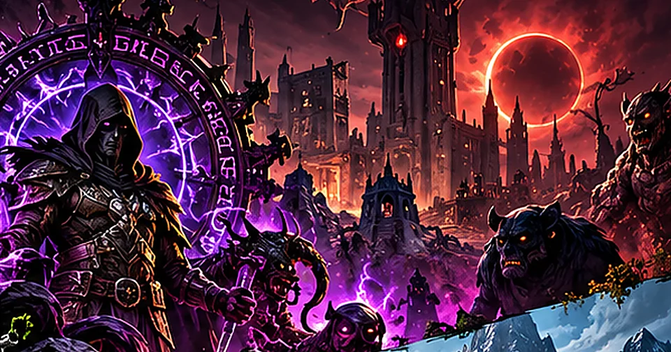 A dark fantasy spellcaster among monsters and ancient ruins