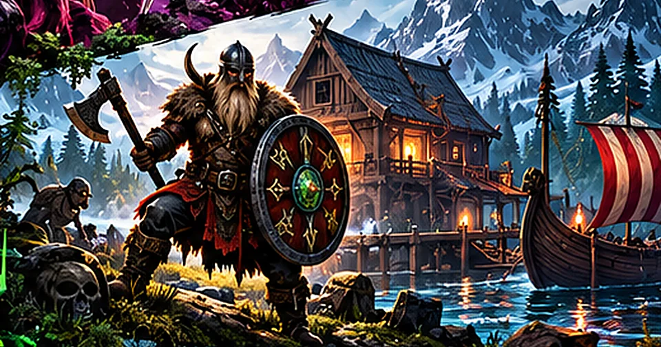 An armored Viking overlooking a longship and Nordic settlement